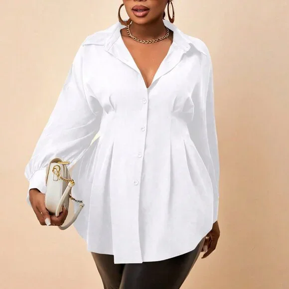 White Casual Women's Plus Size Long Sleeve Blouse Shirt - Picture 4 of 5
